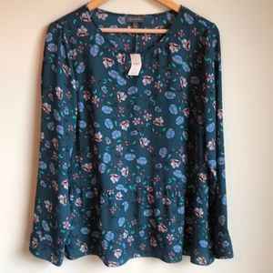 The Limited Teal Floral Peplum Long Sleeve Blouse
